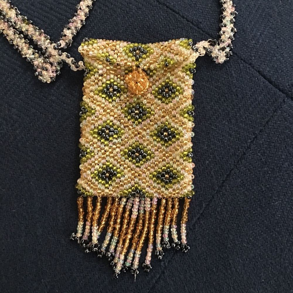 Gold & Green bead purse necklace